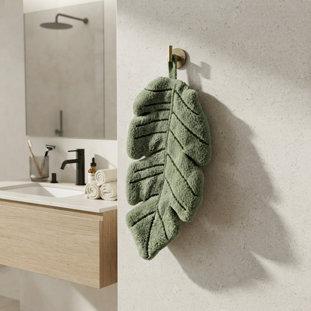 Botanical Sage Green Leaf Shaped Hanging Hand Towel - Plush Absorbent Kitchen & Bathroom Towel with Loop
