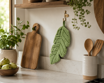 Botanical Sage Green Leaf Shaped Hanging Hand Towel - Plush Absorbent Kitchen & Bathroom Towel with Loop