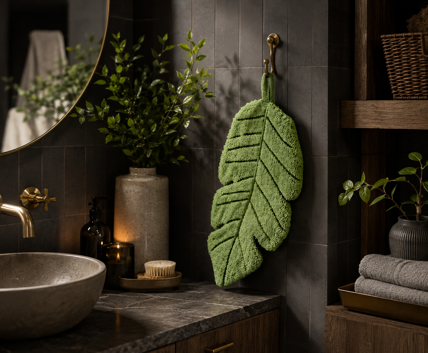 Botanical Sage Green Leaf Shaped Hanging Hand Towel - Plush Absorbent Kitchen & Bathroom Towel with Loop