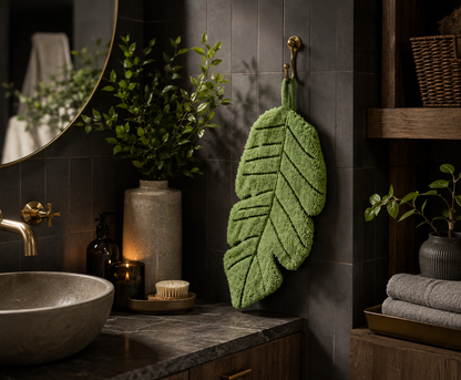 Botanical Sage Green Leaf Shaped Hanging Hand Towel - Plush Absorbent Kitchen & Bathroom Towel with Loop