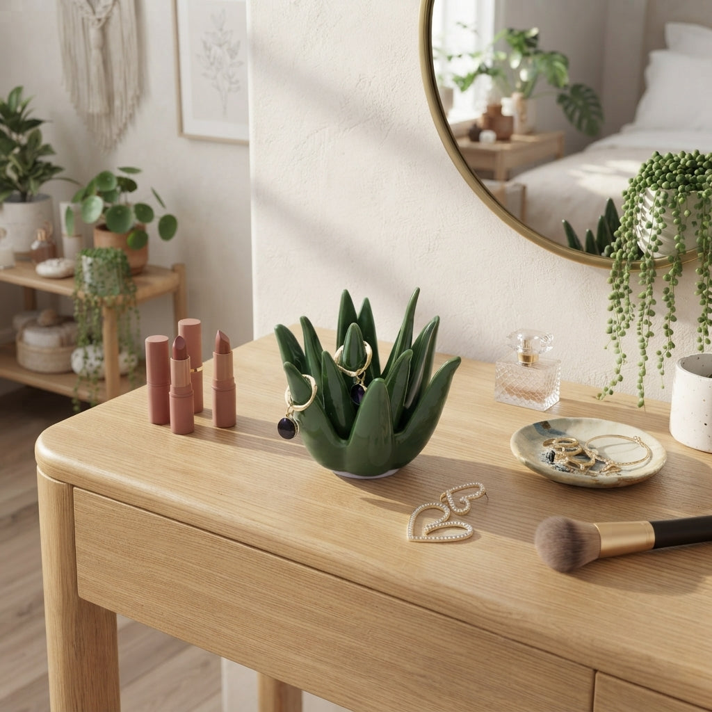 Agave Bloom Ceramic Jewelry Dish - Decorative Cactus Ring Holder & Earring Organizer 