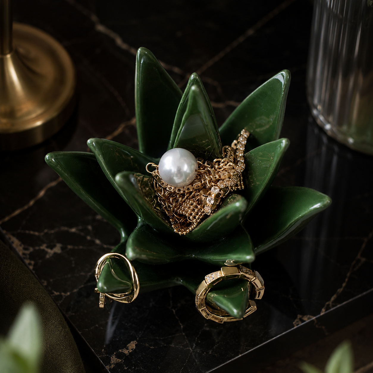 Agave Bloom Ceramic Jewelry Dish - Decorative Cactus Ring Holder & Earring Organizer 