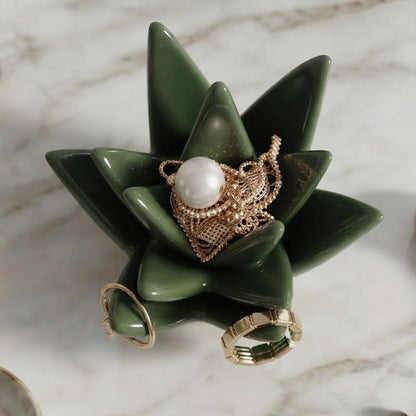 Agave Bloom Ceramic Jewelry Dish - Decorative Cactus Ring Holder & Earring Organizer 