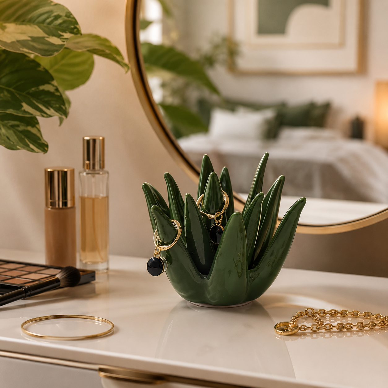 Agave Bloom Ceramic Jewelry Dish - Decorative Cactus Ring Holder & Earring Organizer 