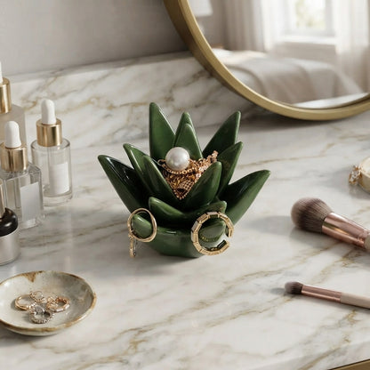 Agave Bloom Ceramic Jewelry Dish - Decorative Cactus Ring Holder & Earring Organizer 