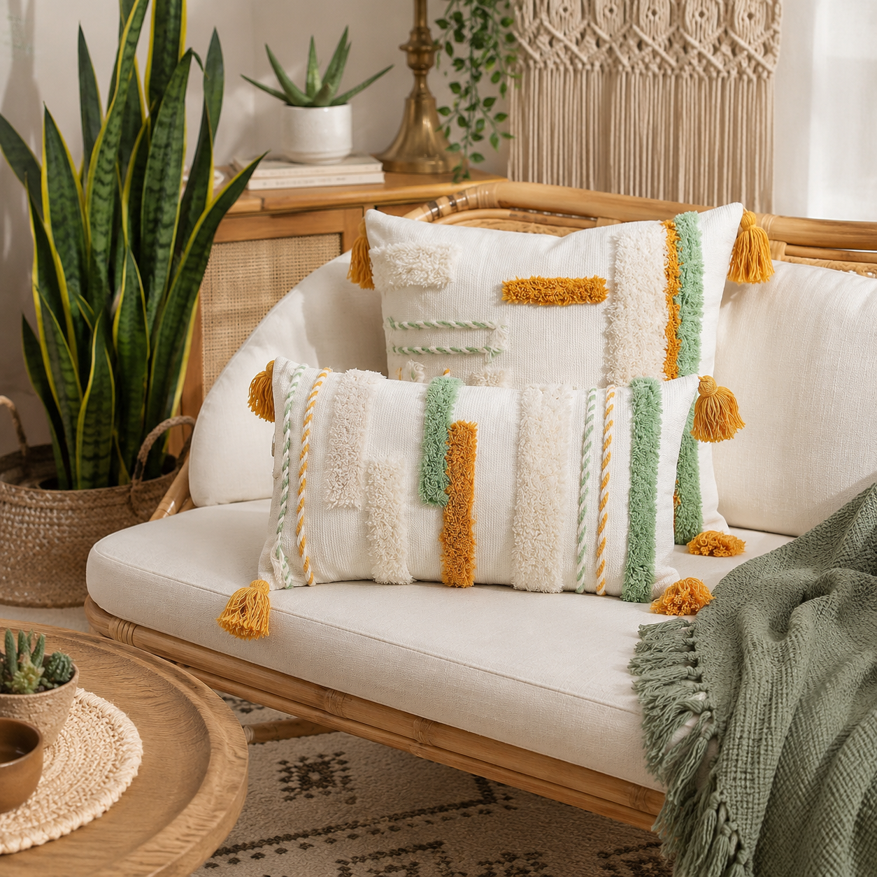 Boho Textured Throw Pillow Cover with Tassels - Tufted Decorative Cushion Cover 