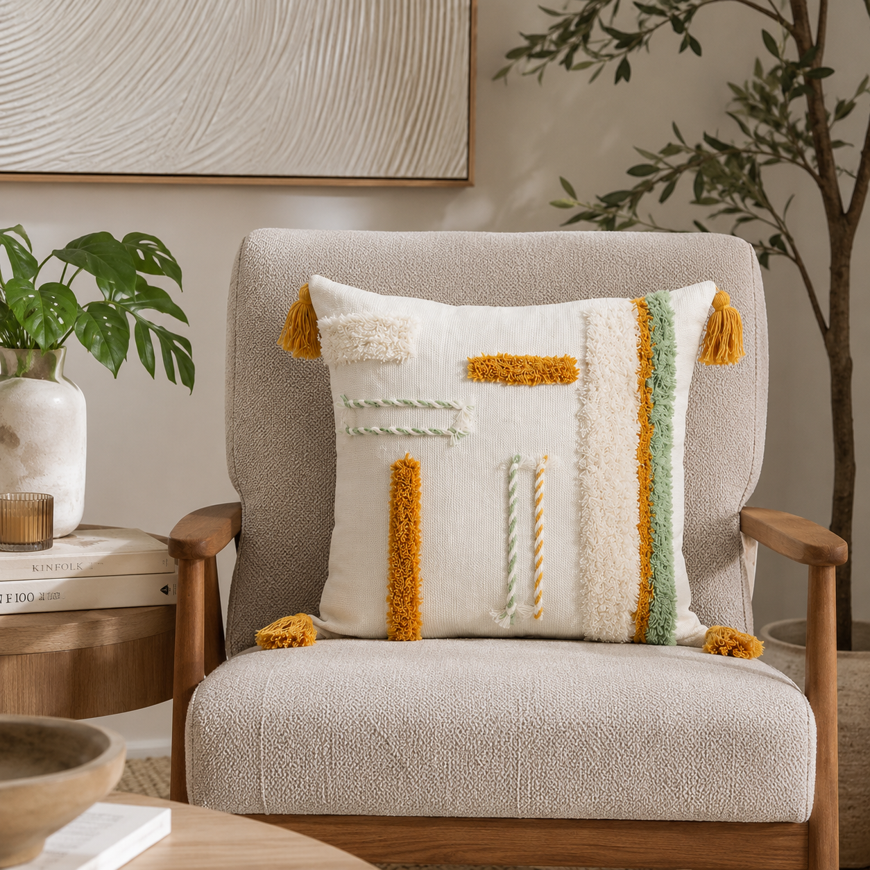 Boho Textured Throw Pillow Cover with Tassels - Tufted Decorative Cushion Cover 