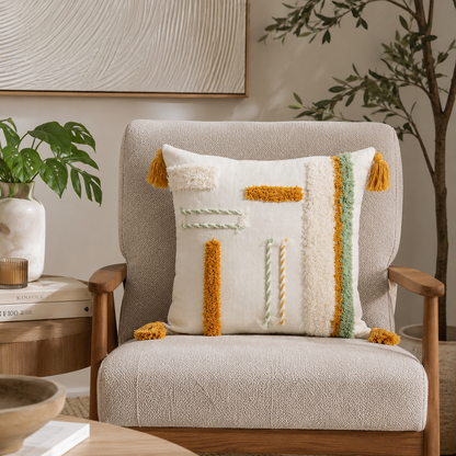 Boho Textured Throw Pillow Cover with Tassels - Tufted Decorative Cushion Cover 