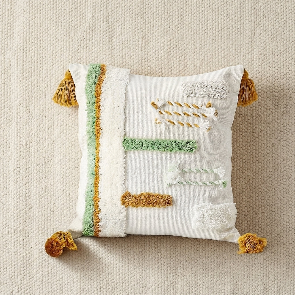 Boho Textured Throw Pillow Cover with Tassels - Tufted Decorative Cushion Cover 