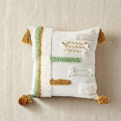 Boho Textured Throw Pillow Cover with Tassels - Tufted Decorative Cushion Cover 