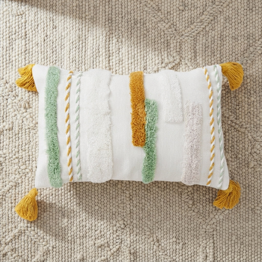 Boho Textured Throw Pillow Cover with Tassels - Tufted Decorative Cushion Cover 