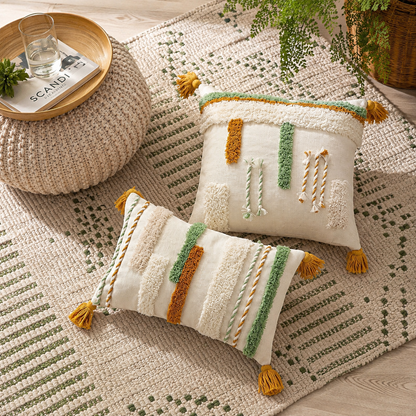 Boho Textured Throw Pillow Cover with Tassels - Tufted Decorative Cushion Cover 
