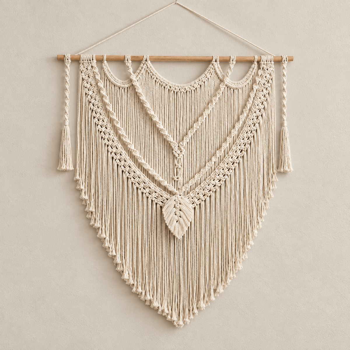 Willow Leaf - Boho Woven Tapestry Wall Hanging — Chevron Leaf / 39.4" W × 39.4" H in a clean warm-neutral product setting