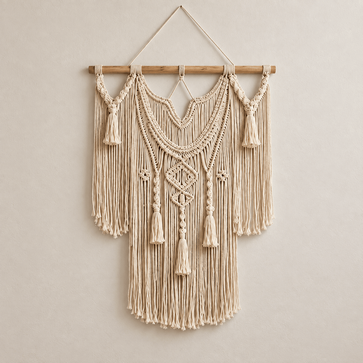 Willow Leaf - Boho Woven Tapestry Wall Hanging — Cascading Diamond / 23.6" W x 31.5" H in a clean warm-neutral product setting