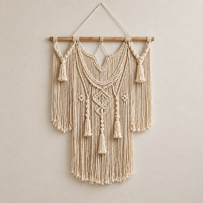 Willow Leaf - Boho Woven Tapestry Wall Hanging — Cascading Diamond / 23.6" W x 31.5" H in a clean warm-neutral product setting