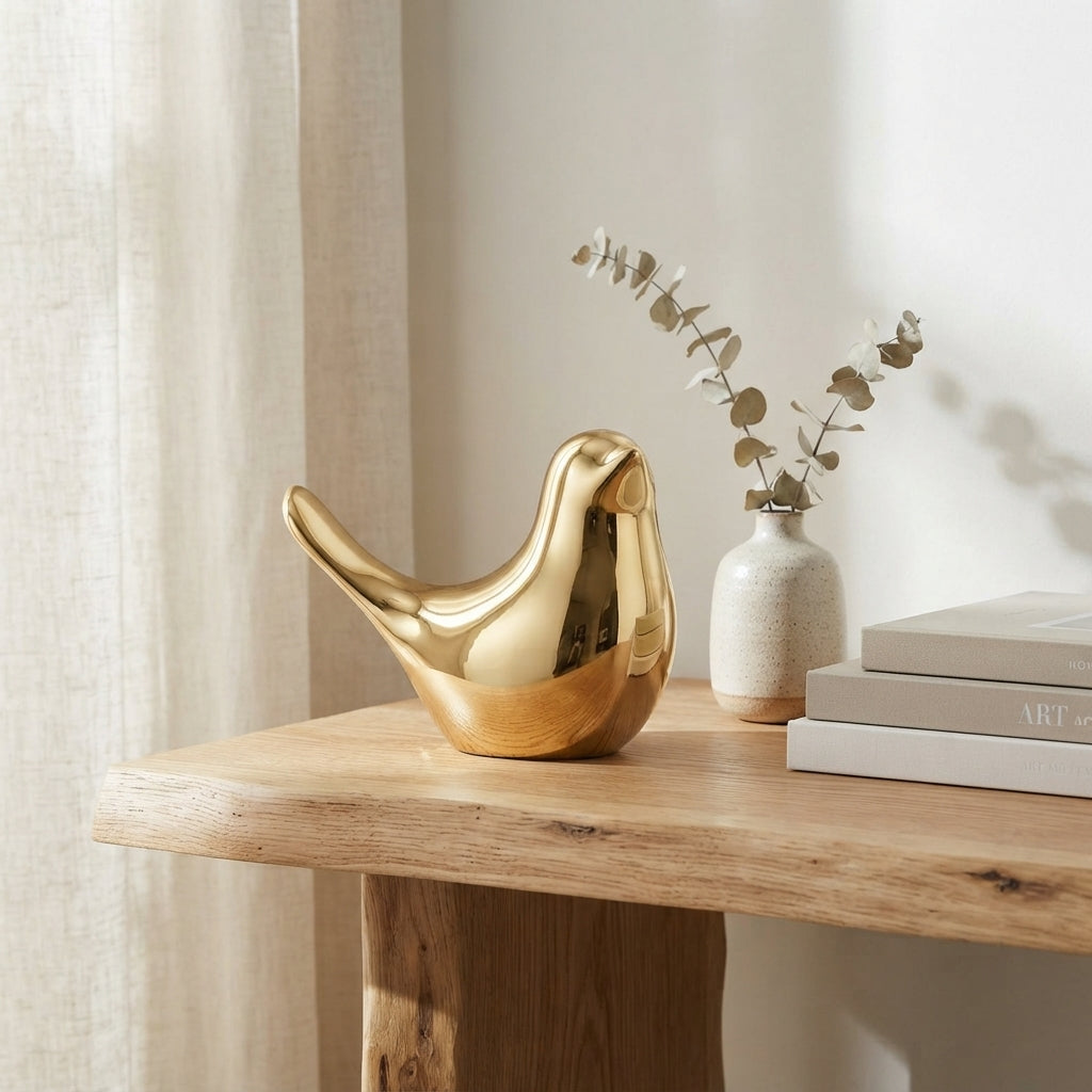 The Gilded Gold Bird: A Modern Nordic Ceramic Figurine