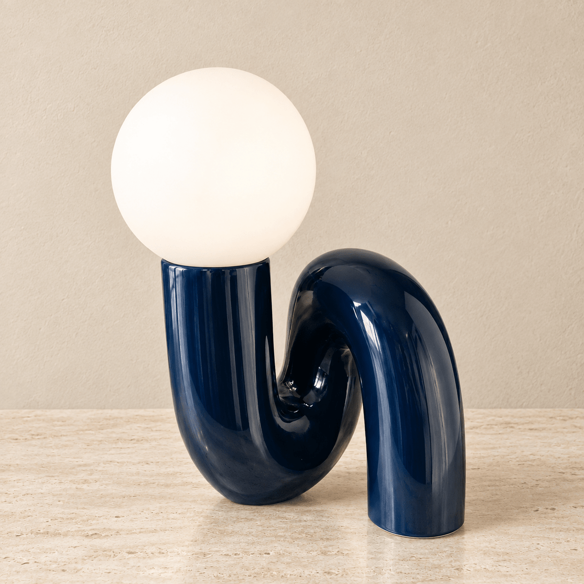 Solene - Globe Glass Table Lamp — Deep Blue / Us in a clean warm-neutral product setting