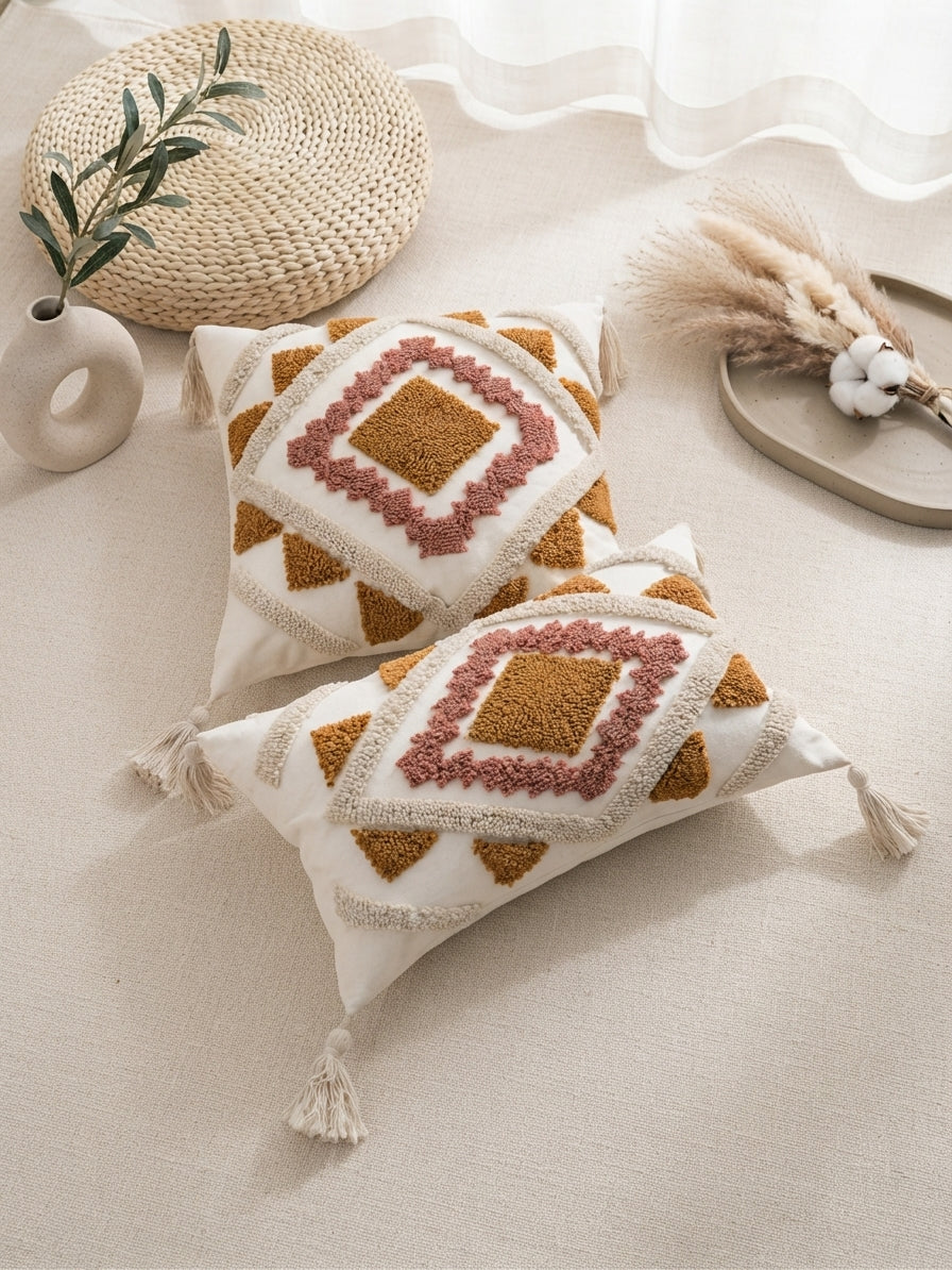 Boho Geometric Tufted Throw Pillow Cover - Textured Moroccan Cushion Cover