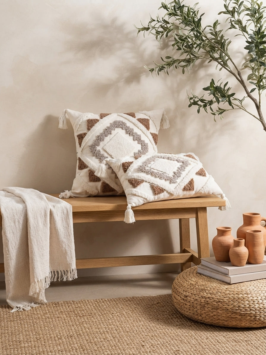 Boho Geometric Tufted Throw Pillow Cover - Textured Moroccan Cushion Cover