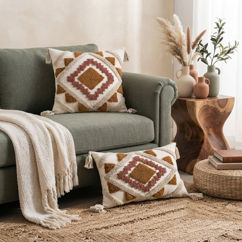 Boho Geometric Tufted Throw Pillow Cover - Textured Moroccan Cushion Cover