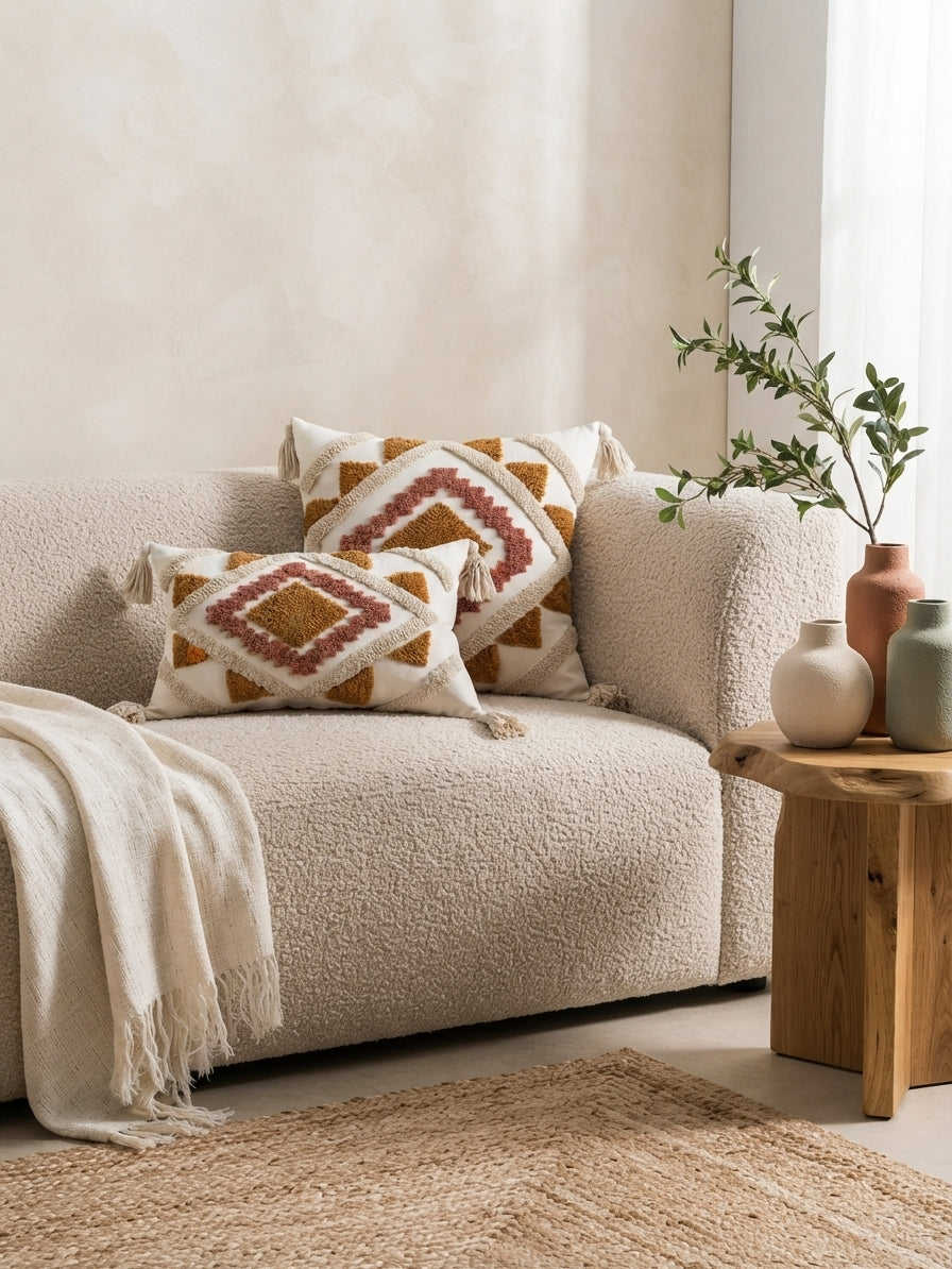 Boho Geometric Tufted Throw Pillow Cover - Textured Moroccan Cushion Cover