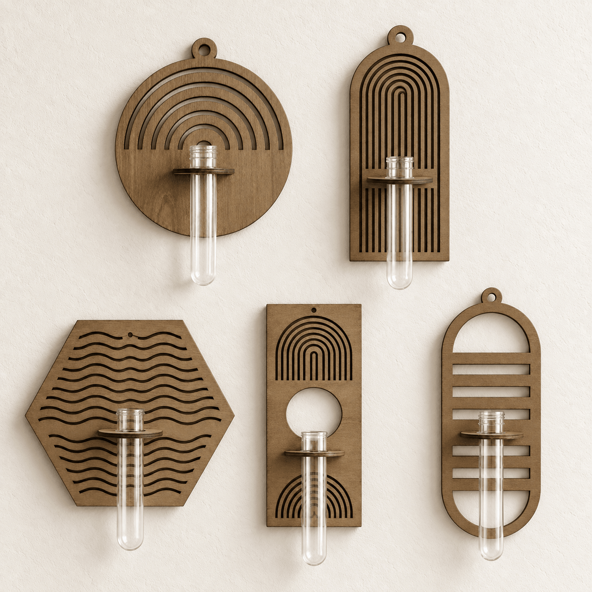 Grove Wood - Wall Vase and Plant Propagation Station — 5 Piece Set in a clean warm-neutral product setting