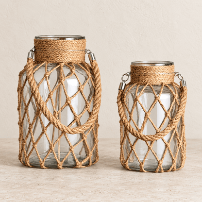 Marina - Jute-Wrapped Glass Vase — Set 1M & 1L in a clean warm-neutral product setting