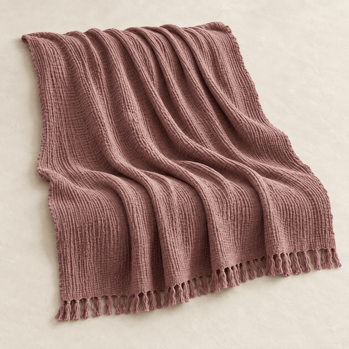 Mizu Fringe - Cotton Throw Blanket — Deep Purple / 51" × 67" in a clean warm-neutral product setting
