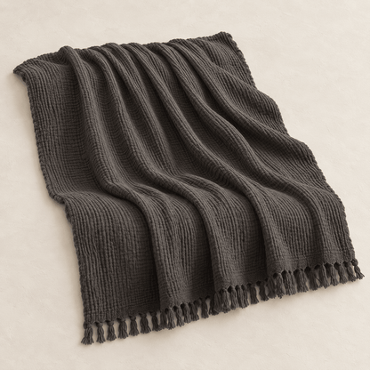 Mizu Fringe - Cotton Throw Blanket — Dull Grey / 51" × 67" in a clean warm-neutral product setting