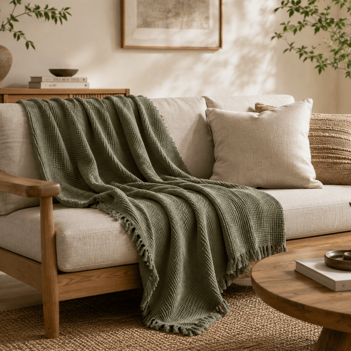 Mizu Fringe - Cotton Throw Blanket in a clean warm-neutral product setting