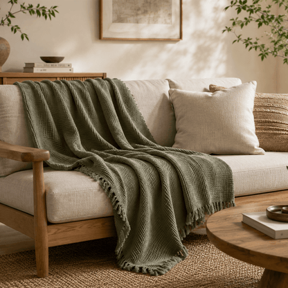 Mizu Fringe - Cotton Throw Blanket in a clean warm-neutral product setting