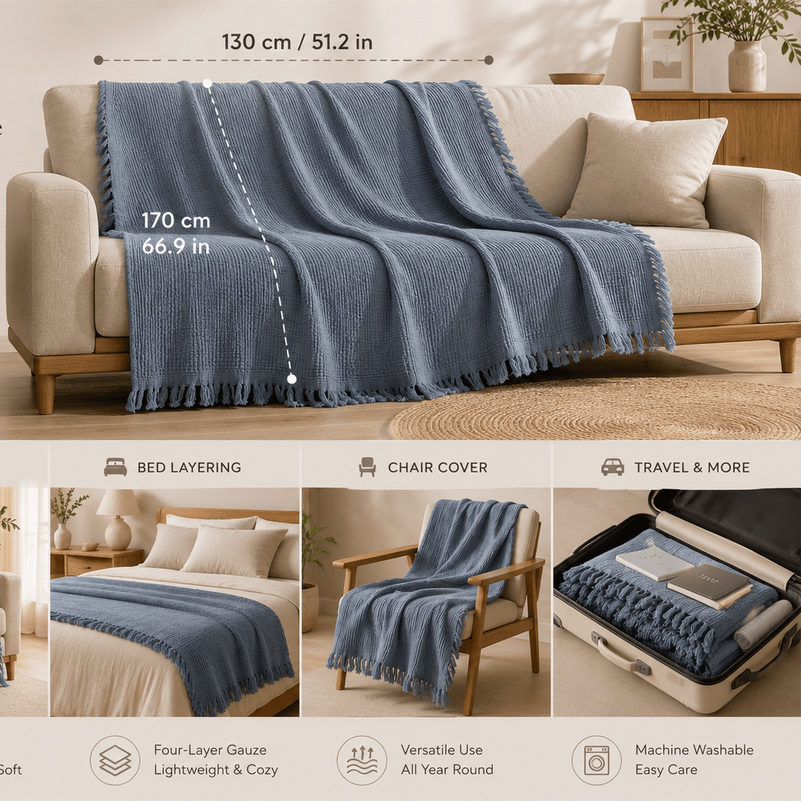 Mizu Fringe - Cotton Throw Blanket in a clean warm-neutral product setting