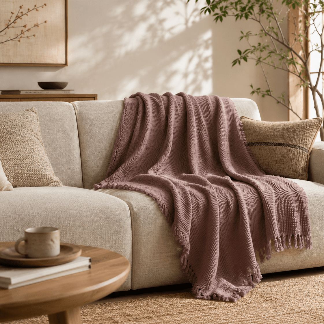 Mizu Fringe - Cotton Throw Blanket in a clean warm-neutral product setting