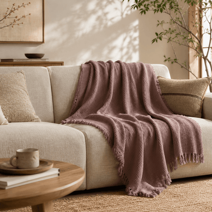 Mizu Fringe - Cotton Throw Blanket in a clean warm-neutral product setting