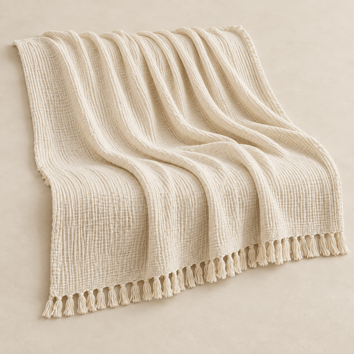 Mizu Fringe - Cotton Throw Blanket — White / 51" × 67" in a clean warm-neutral product setting