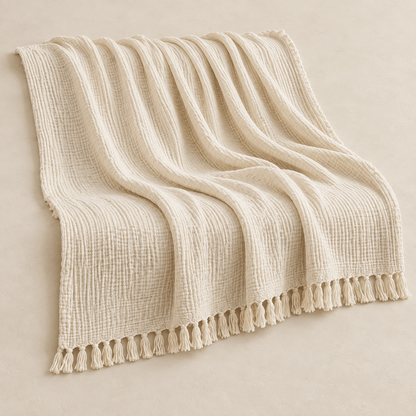 Mizu Fringe - Cotton Throw Blanket — White / 51" × 67" in a clean warm-neutral product setting