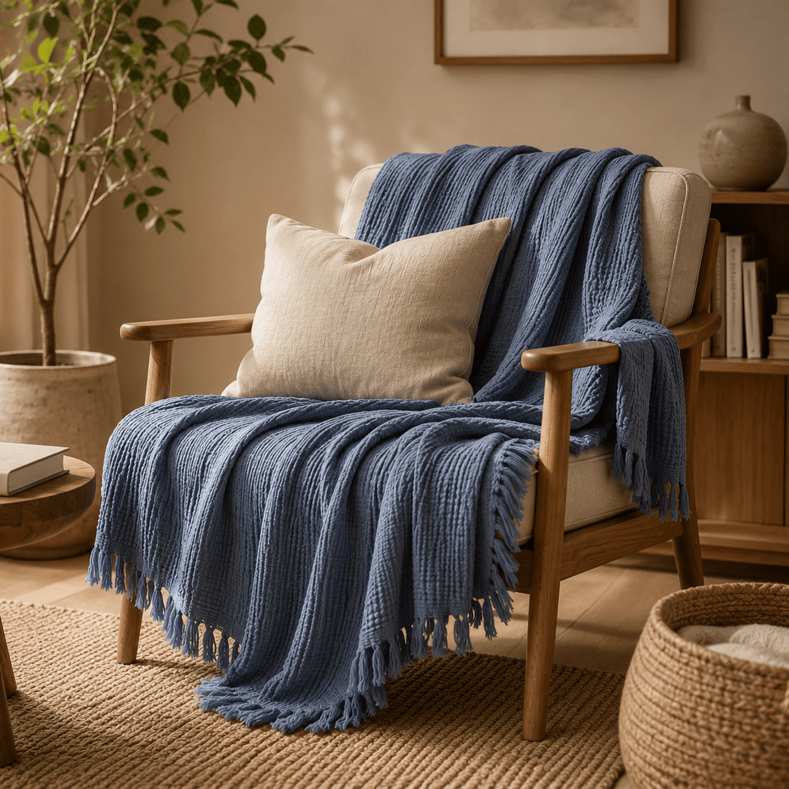 Mizu Fringe - Cotton Throw Blanket in a clean warm-neutral product setting