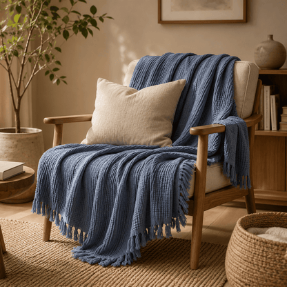 Mizu Fringe - Cotton Throw Blanket in a clean warm-neutral product setting