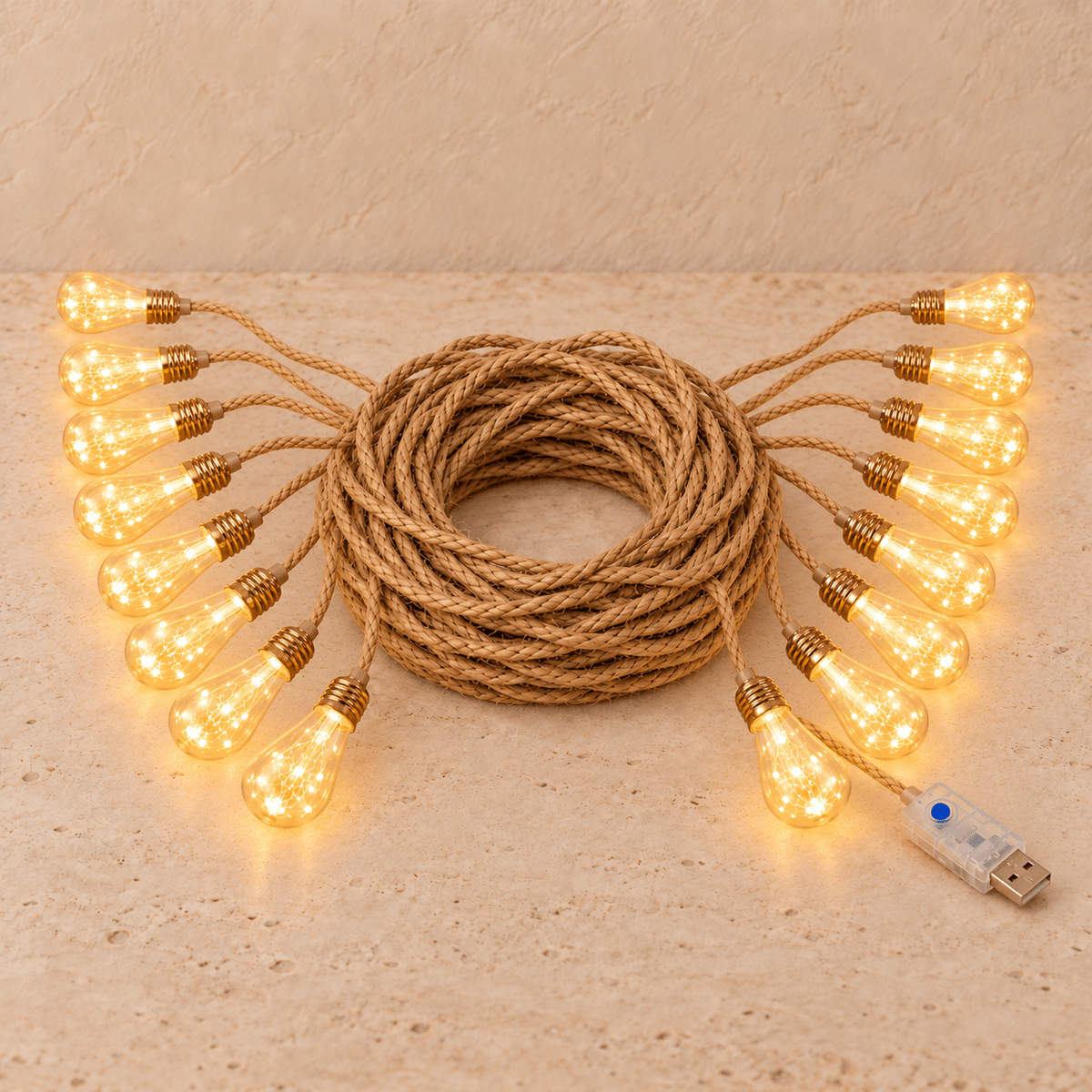 Hemp Glow - Vintage Rope String Lights — Warm / 6M / 16 LED in a clean warm-neutral product setting
