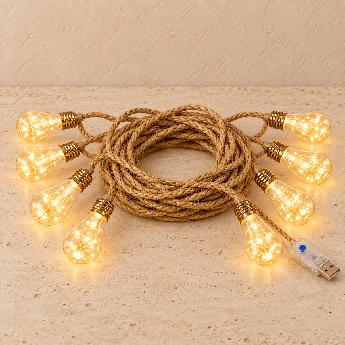 Hemp Glow - Vintage Rope String Lights — Warm / 4M / 8 LED in a clean warm-neutral product setting