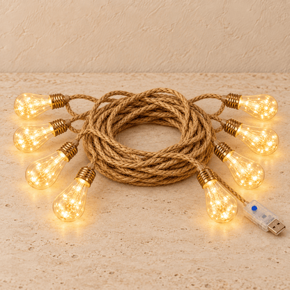 Hemp Glow - Vintage Rope String Lights — Warm / 4M / 8 LED in a clean warm-neutral product setting