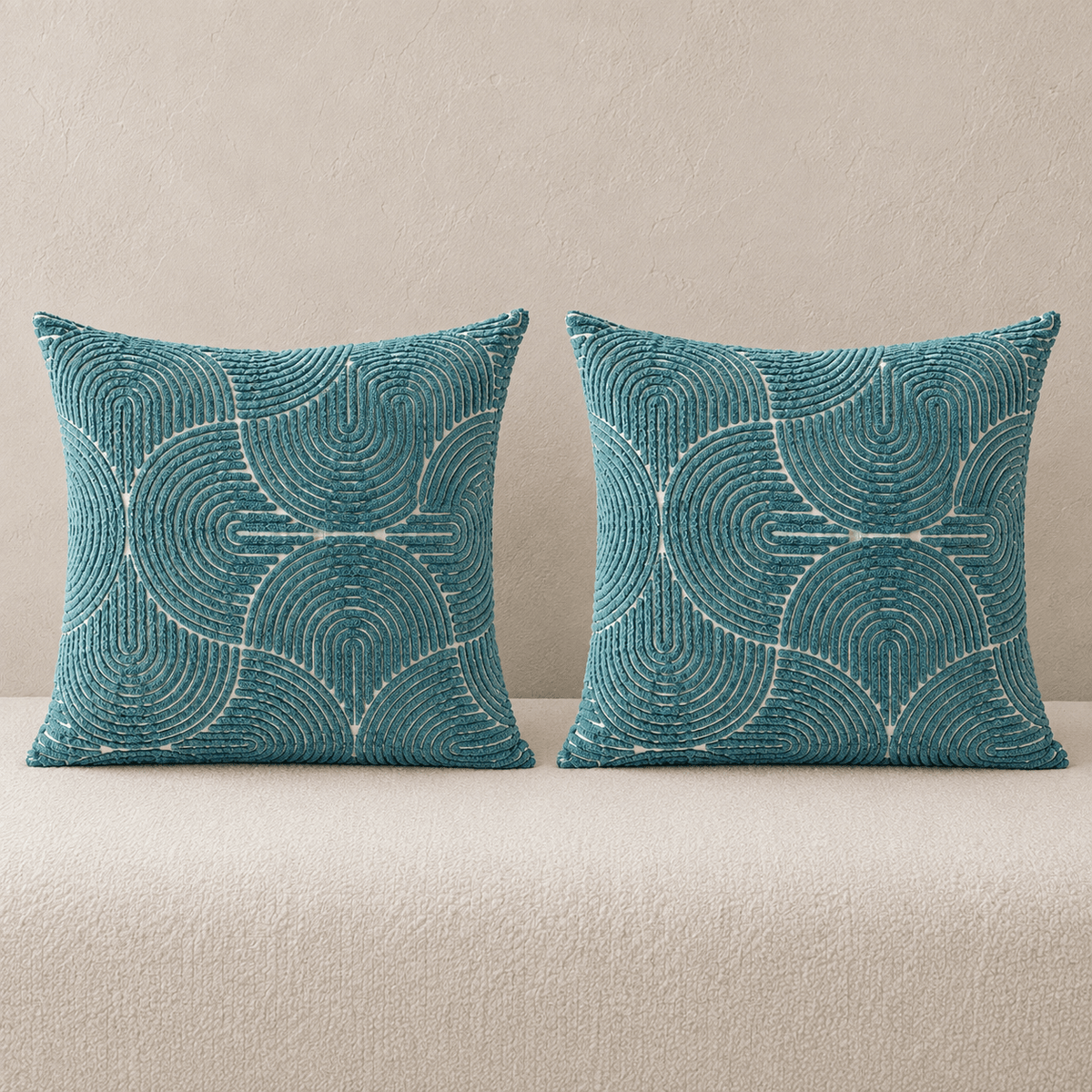 Onda - Geometric Tufted Cushion Cover Set — 45cm x 45cm / Teal Set in a clean warm-neutral product setting