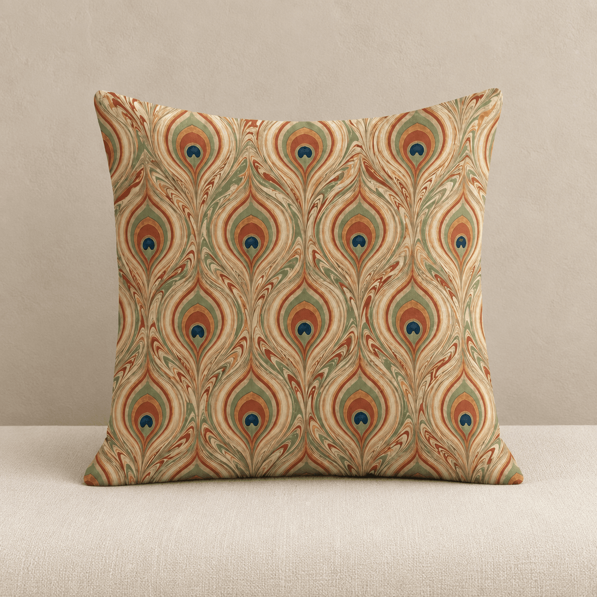 Pavo - Vintage Peacock Feather Pillow Cover — 50cm x 50cm / Peacock in a clean warm-neutral product setting