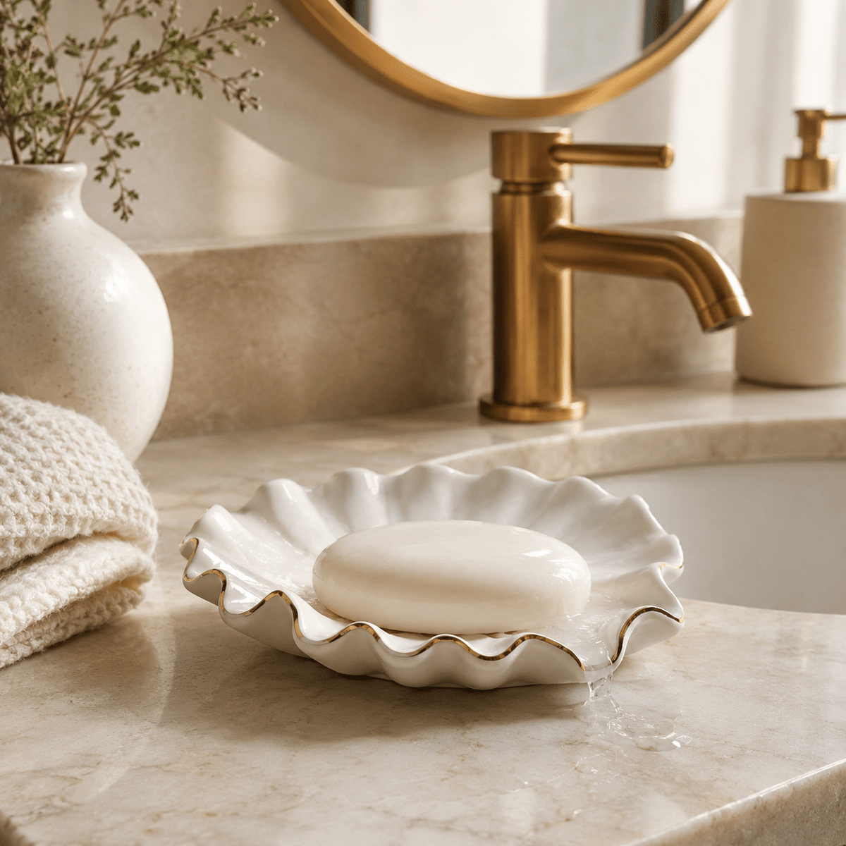 Pearl Shell - Gold Rim Ceramic Soap Dish - Urban Alcove