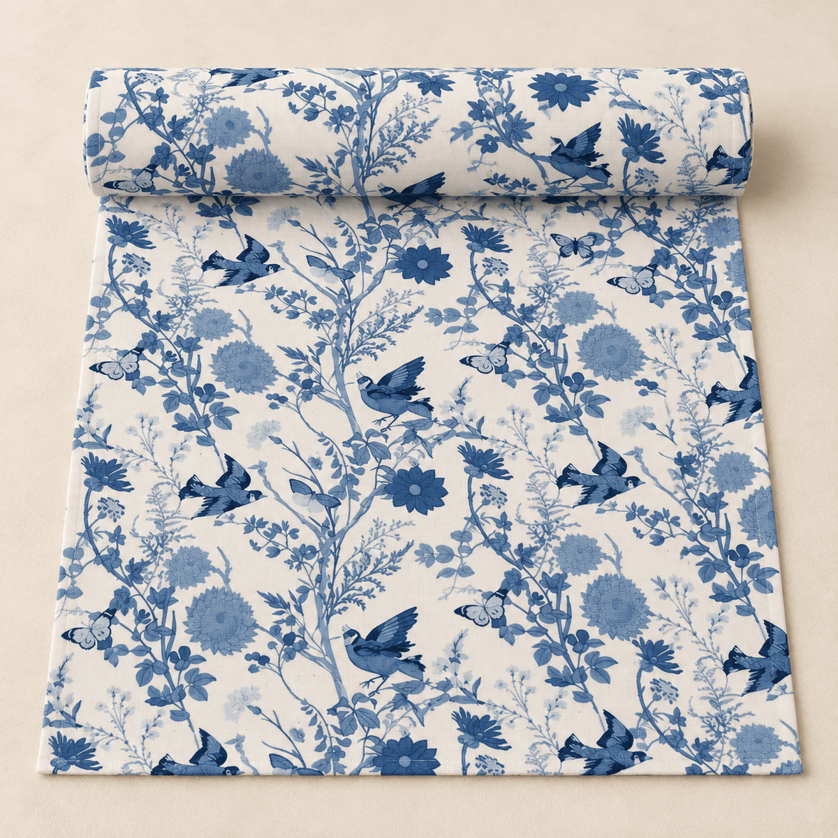 Briarwing - Botanical Bird Table Runner — Royal Blue / 70.8" x 13" in a clean warm-neutral product setting