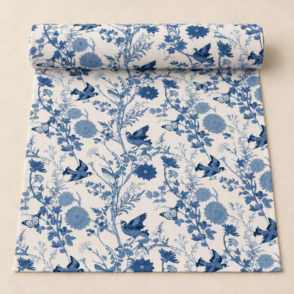 Briarwing - Botanical Bird Table Runner — Royal Blue / 70.8" x 13" in a clean warm-neutral product setting