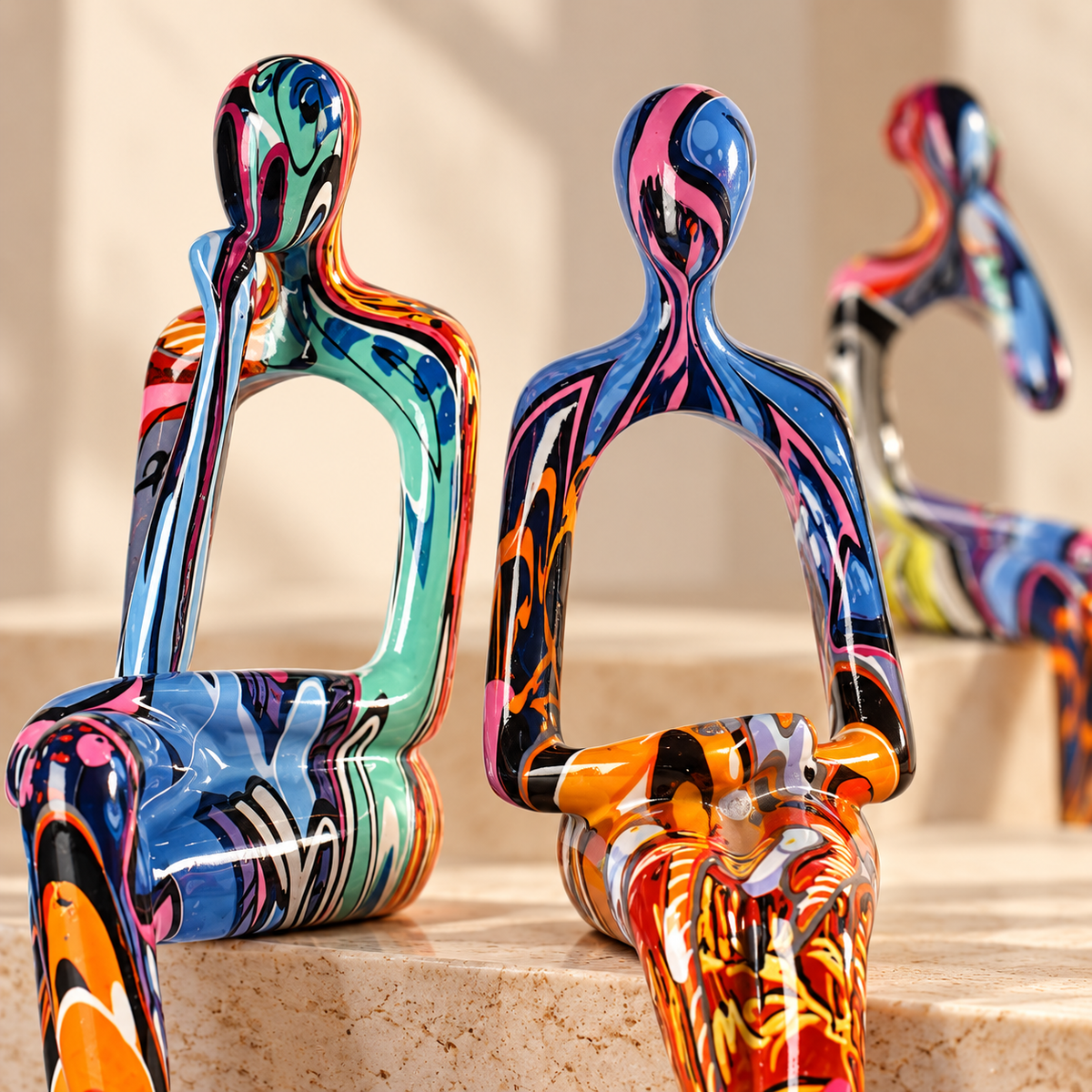 Vivid Pause - Colorful Seated Figurines, Set of 3 - Urban Alcove