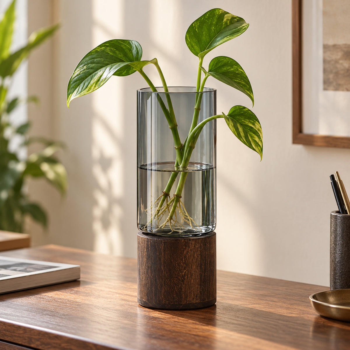 Alder — Smoked Glass Vase with Wooden Base