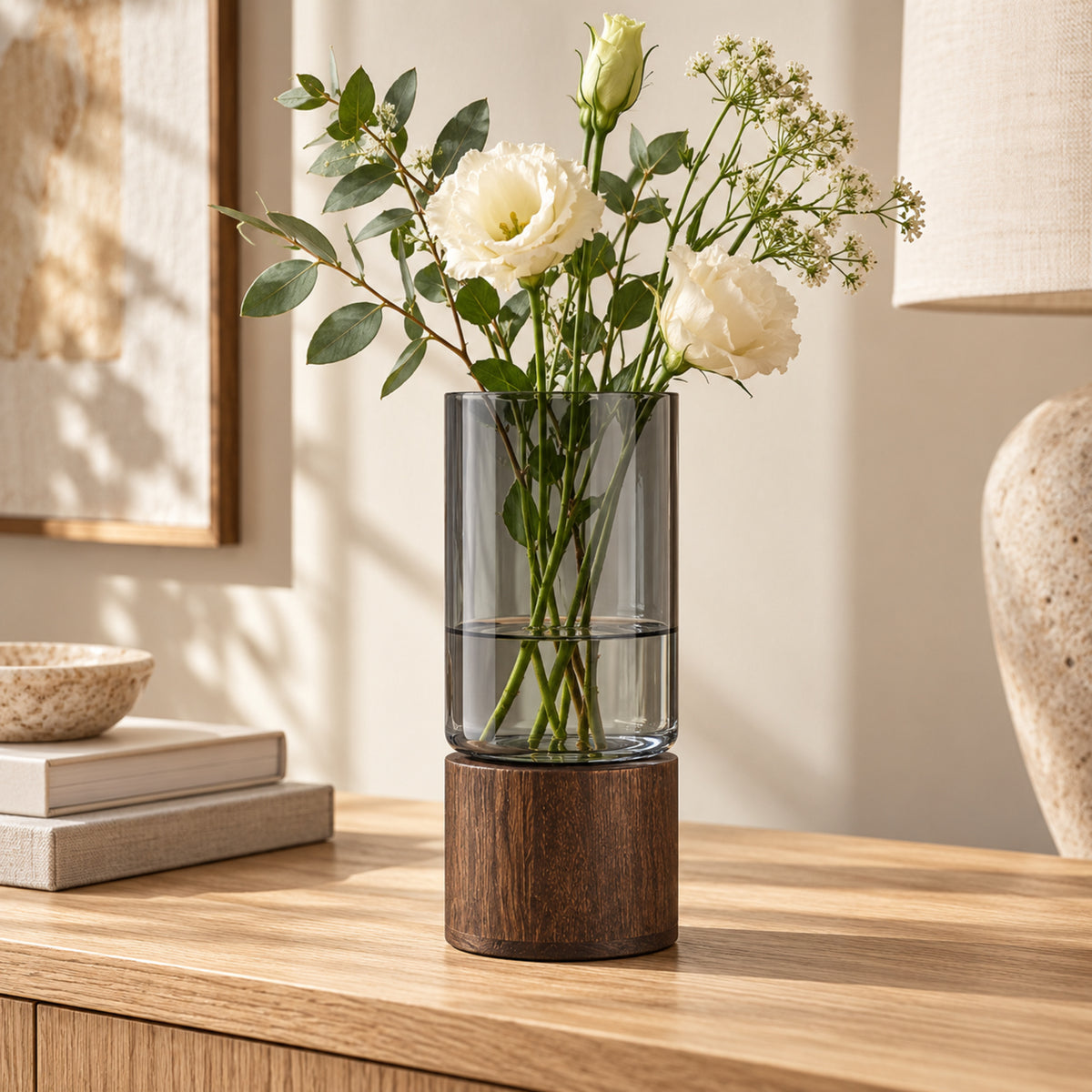 Alder — Smoked Glass Vase with Wooden Base