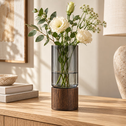 Alder — Smoked Glass Vase with Wooden Base